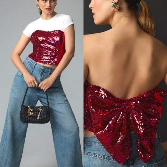 Anthropologie Hutch Bare Sequin Bow Back Top in Pink and Red Size 10 NWT - Picture 1 of 12